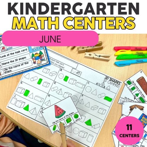 Kindergarten June math centers and activities for kindergarten students focusing on shapes, counting, and number recognition, perfect for engaging early learners in math skills.