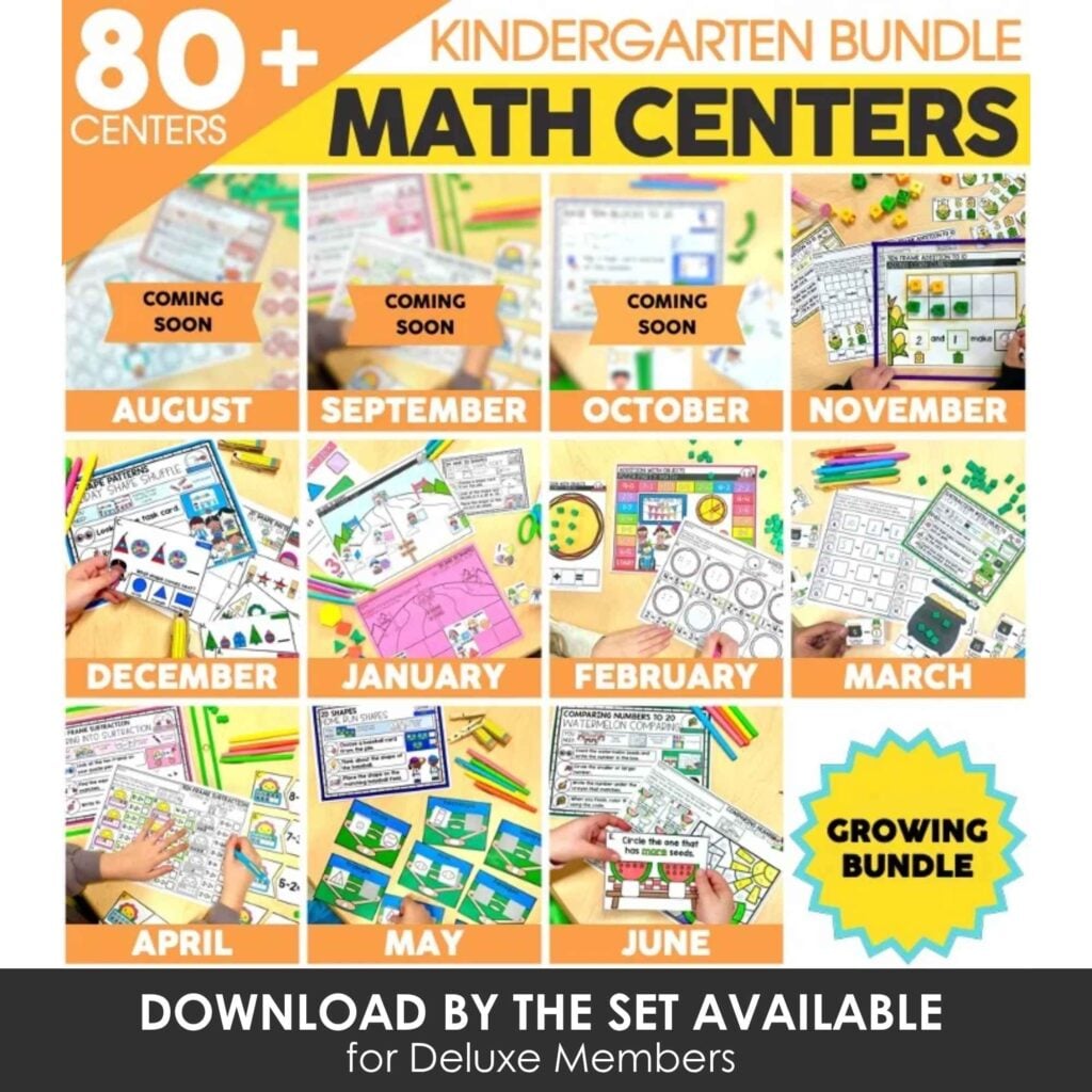 Kindergarten math centers bundle with over 80 activities, monthly themes from August to June, includes printable resources for early learners, perfect for classroom or homeschooling use.