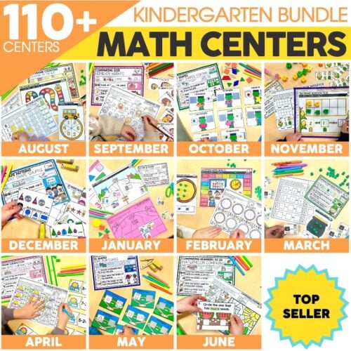 Collection of kindergarten math centers for each month from August to June, featuring colorful worksheets, activities, and educational tools for early learners.