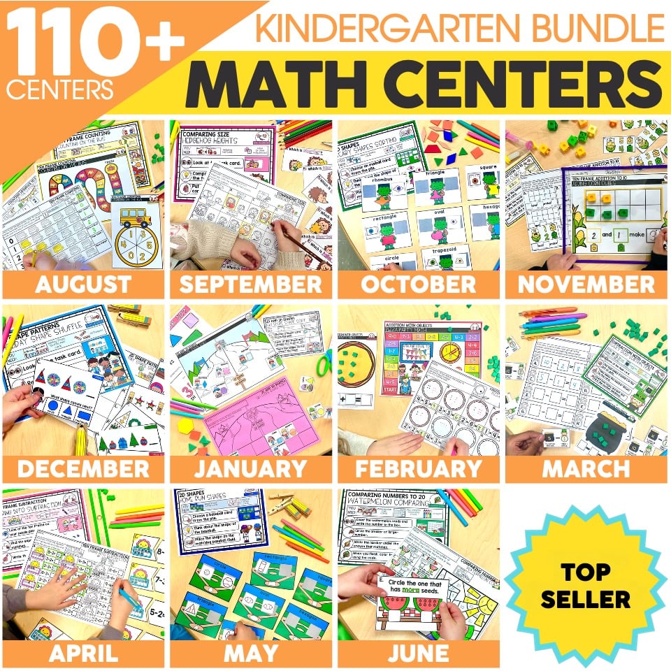 Collection of kindergarten math centers for each month from August to June, featuring colorful worksheets, activities, and educational tools for early learners.