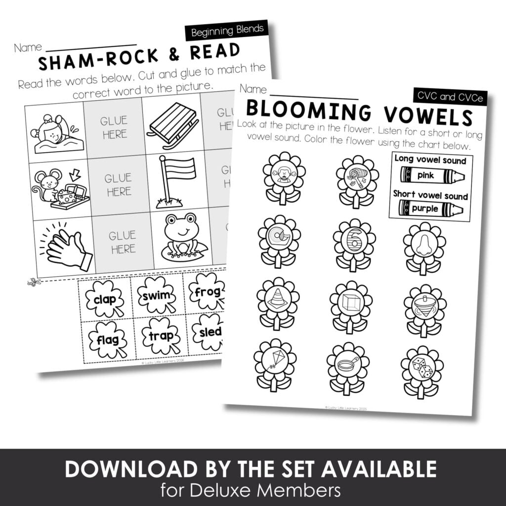 Educational worksheets for early literacy, featuring sham-rock and read activities, blooming vowels, and vowel sound charts for young learners' phonics practice.