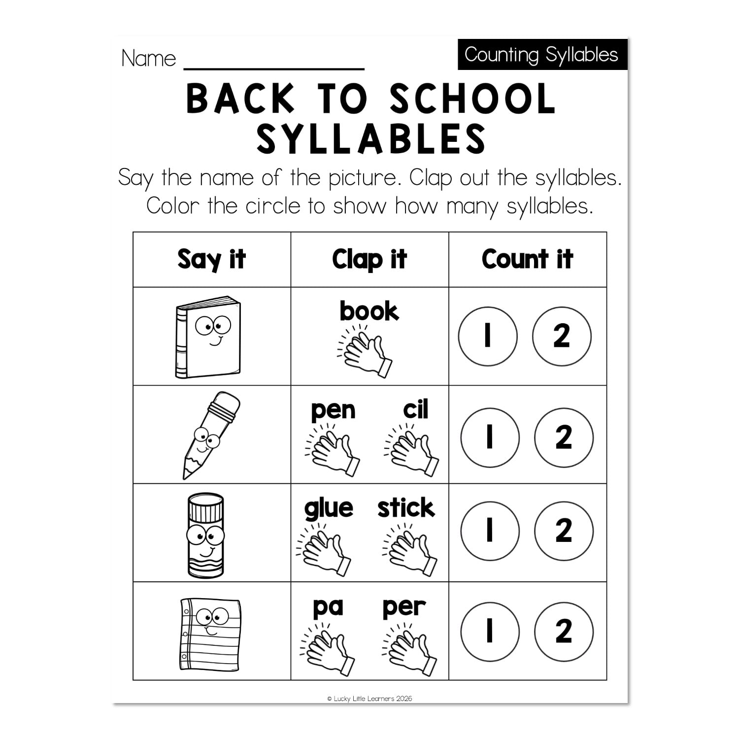 Little Syllable Kindergarten Monthly Worksheets - August Syllables - Back to School ...