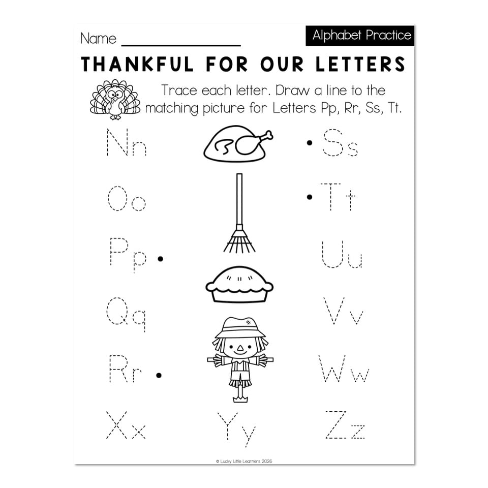 Kindergarten Monthly Worksheets - November Alphabet - Thankful For Our ...