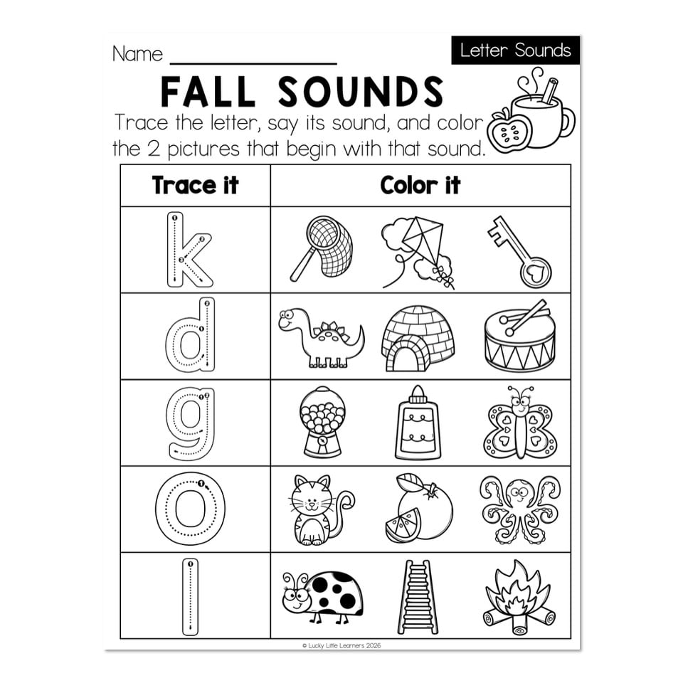 Fall Sounds Kindergarten Monthly Worksheets - November Letter Sounds - Fall Words ...