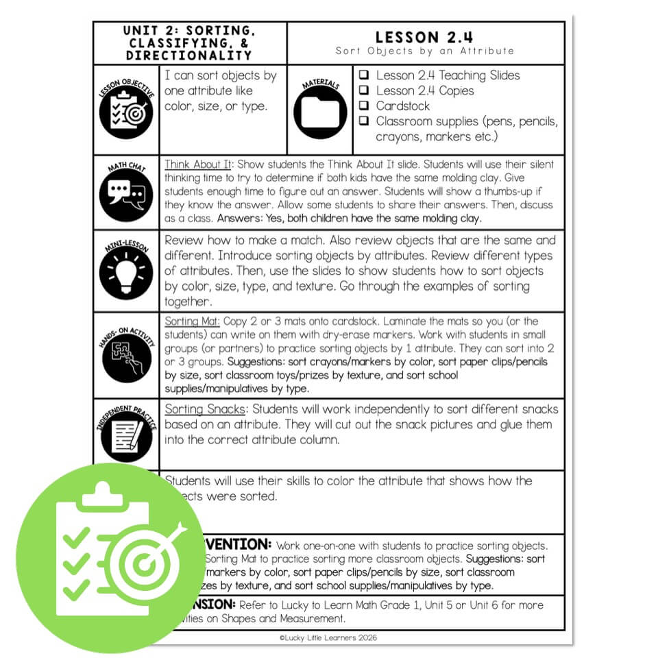 Lucky to Learn Math - Kindergarten - Lesson 2.4 - Sort Objects by ...