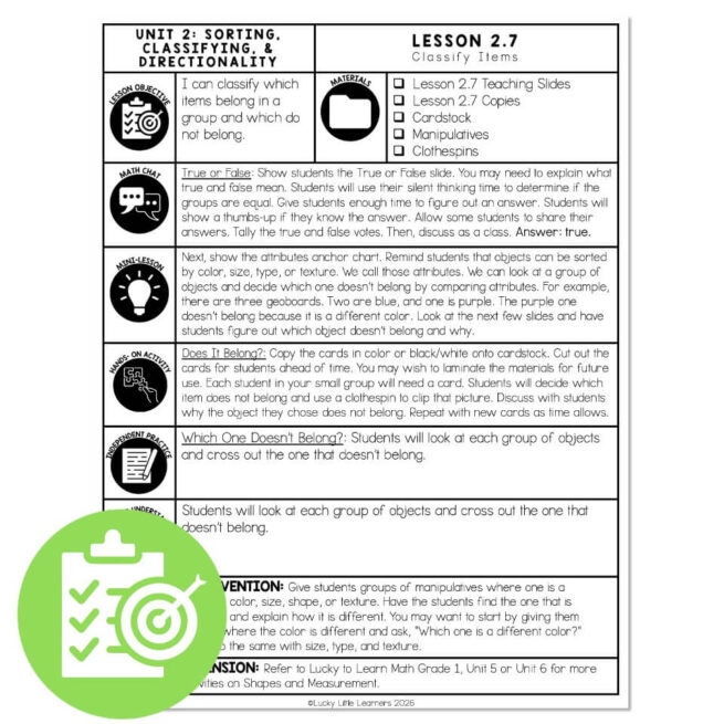 Lucky to Learn Math - Kindergarten - Lesson 2.7 - Classifying Objects ...