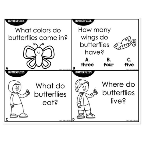 Educational butterfly quiz images for kids, featuring questions about butterfly colors, wings, diet, and habitat, designed to engage young learners in science and nature topics.