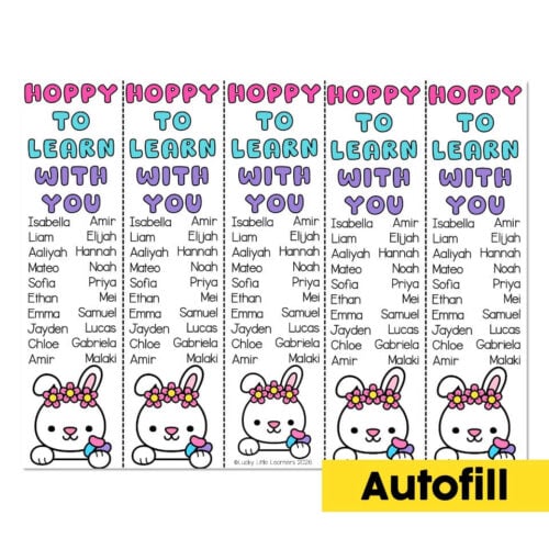 Hoppy Hoppy Hoppy to Learn with You personalized name banner featuring children's names and a cute bunny illustration, perfect for classroom decor or educational activities.