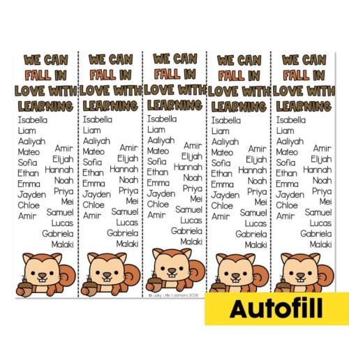 A comfortable and engaging classroom poster featuring a cute bear illustration, personalized with student names, designed to promote fall-themed learning and foster a love for education.