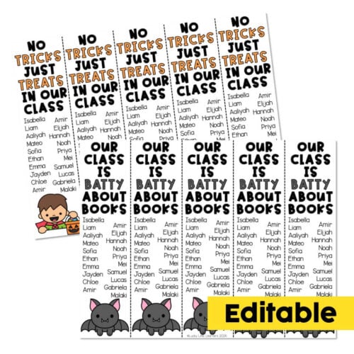 Colorful classroom poster with "No Tricks Just Treats" and "Our Class is Batty About Books" themes, featuring names of students and cute bat illustrations, perfect for early childhood education.