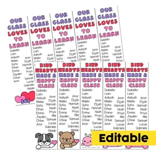 Our class loves to learn with kind hearts, happy class, and adorable animal illustrations, featuring customizable names and colorful text for engaging early childhood education.