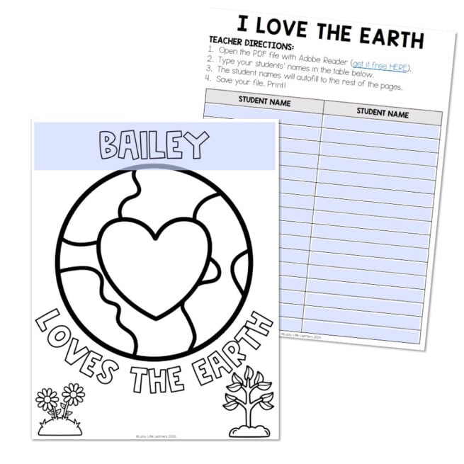 Earth Day Love - Coloring Page with Autofill - Lucky Little Learners