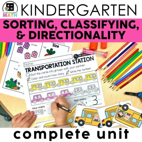 Kindergarten sorting, classifying, and directionality activity with transportation-themed worksheets and colorful manipulatives for early math learning.