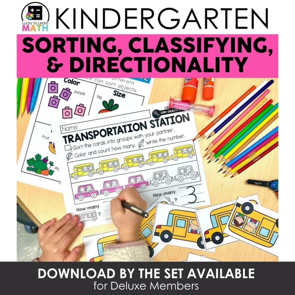 Colorful kindergarten sorting, classifying, and directionality activity sheets with transportation theme, crayons, and hands-on learning tools for early education.