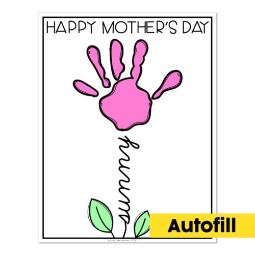 HAPPY MOTHER'S DAY card featuring a pink handprint, a green leaf, and the word "mum" written vertically, perfect for children's Mother's Day crafts and celebrations.
