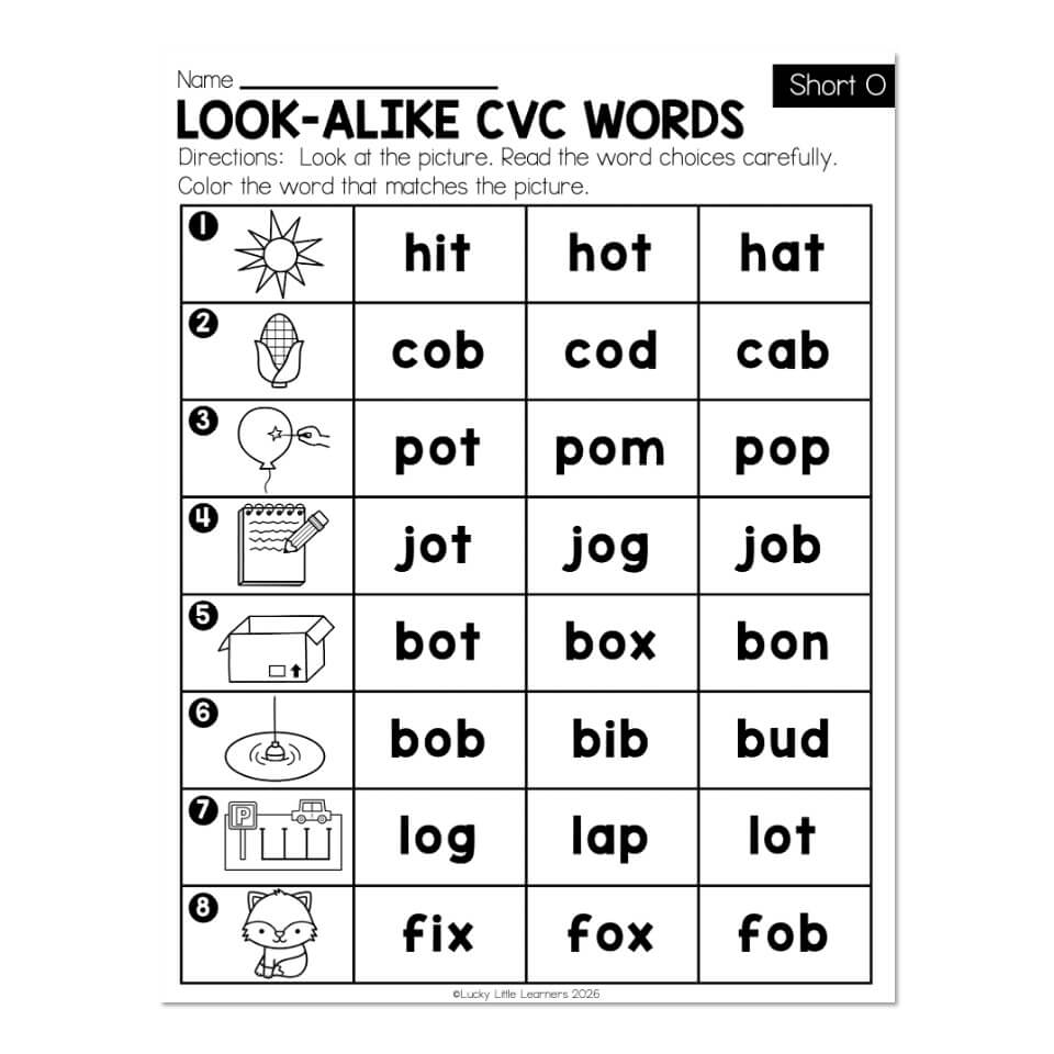 Phonics Activities - Short O - Look-Alike CVC Words - Lucky Little Learners