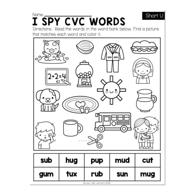 Phonics Activities - Short U - I Spy CVC Words - Lucky Little Learners