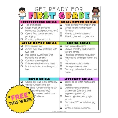 Sample 1st Grade Readiness Skills Checklist for kindergarten review, focusing on social, academic, and motor skills to prepare children for first grade success.