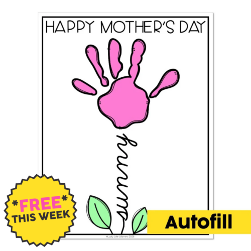 A colorful Mother's Day card craft featuring a pink handprint flower with a stem and leaves, perfect for kids to create personalized gifts for moms, with autofill name option and free weekly offer.