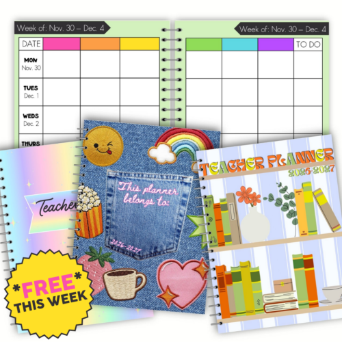 Colorful teacher planner and weekly schedule pages with decorative stickers, rainbow, sun, and motivational elements for classroom organization and lesson planning.
