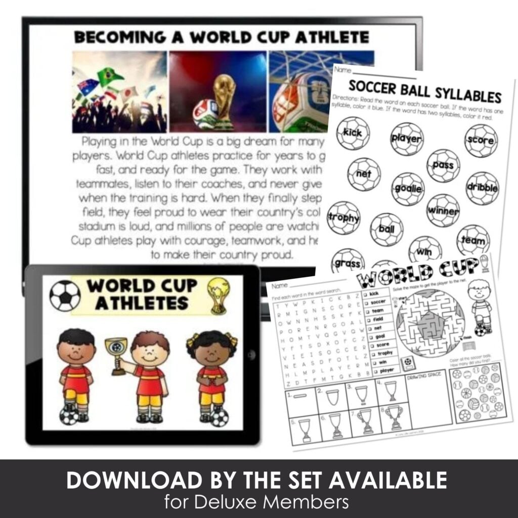 Playing in the World Cup is a big dream for many young athletes; this educational resource helps children learn soccer ball syllables, world cup athletes, and related vocabulary to inspire sportsmans.