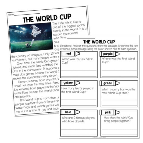 An SEO-friendly ALT tag: Educational worksheet about the FIFA World Cup featuring questions on history, teams, and players, designed for engaging classroom activities and learning about soccer tourna.