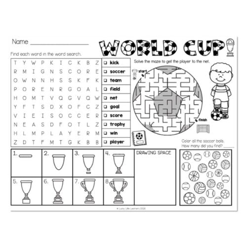 Kick soccer team field net goal score trophy win player educational soccer game activity for kids.