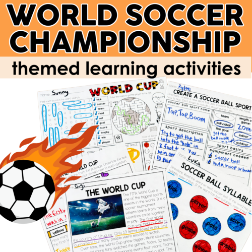 Soccer-themed learning activities and worksheets for World Cup 2026 FIFA end-of-year theme day, focusing on soccer vocabulary, ball sports, and sports description for kids.