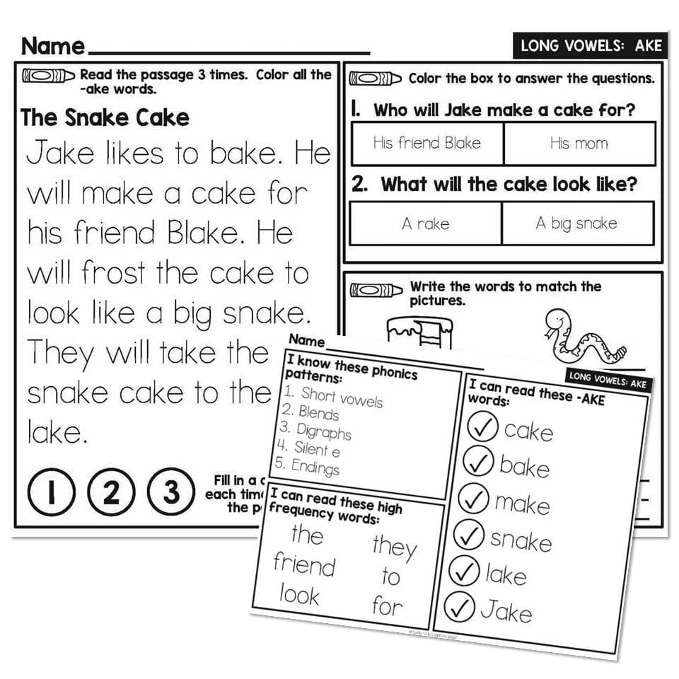 1st Grade Decodable Phonics Passage - Long Vowels - AKE - Lucky Little ...