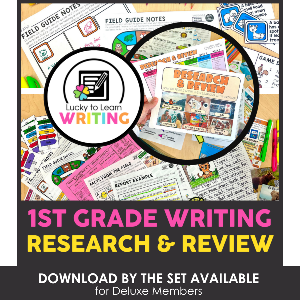 A colorful educational set of 1st grade writing research and review materials, including field guide notes, research review pages, and writing prompts for young learners.