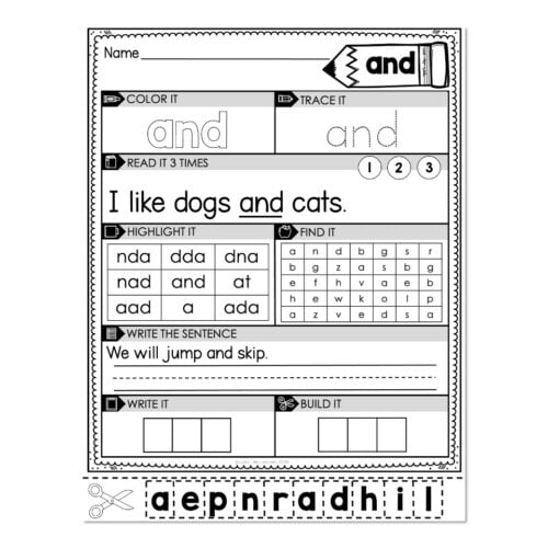A colorful educational worksheet for early learners focusing on the word "and," featuring activities like coloring, tracing, reading, highlighting, and writing the word "and" with animals and sentenc.