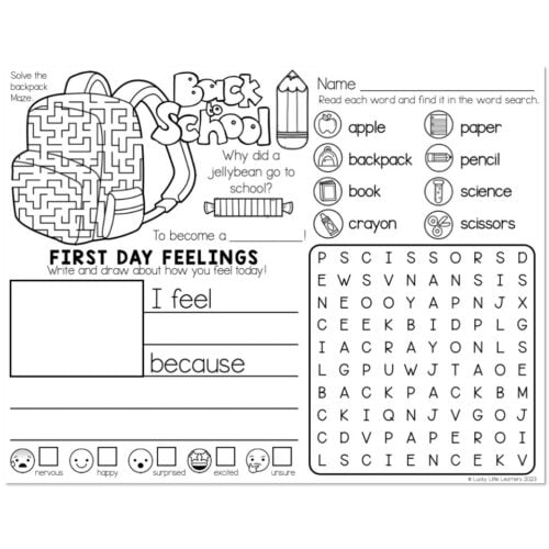 Solve the backpack maze and identify the words in the word search related to school supplies and feelings, including apple, paper, backpack, pencil, book, science, crayon, and emotions like nervous,.