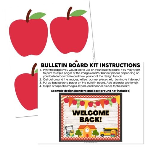 A colorful bulletin board with a "Welcome Back!" message, featuring a festive banner, school bus, and classroom elements, perfect for back-to-school decor and classroom organization.