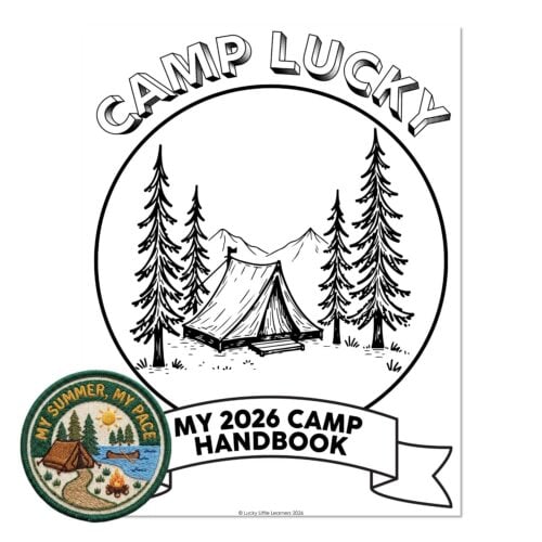 Camping tent illustration with trees and mountains, featuring "Camp Lucky" text and "My 2026 Camp Handbook" banner, designed for children's summer camp activities and educational resources.