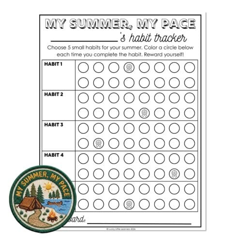 Improve your summer habits with this My Summer, My Pace habit tracker. Choose 5 habits, color circles to track progress, and reward yourself for staying on track during summer.