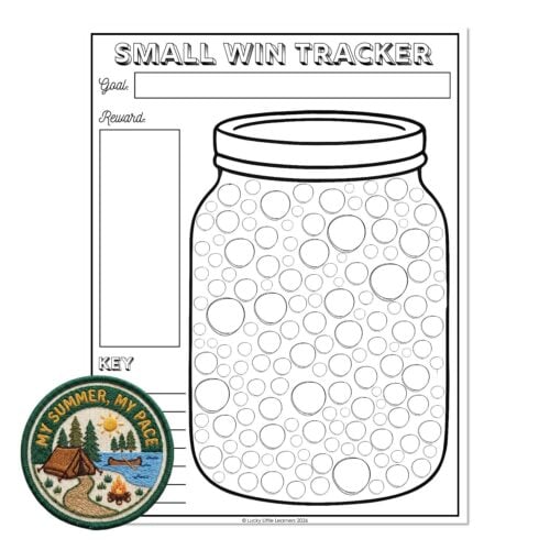 A colorful small win tracker worksheet featuring a jar illustration with circles to fill in, a goal and reward section, and a key area, designed for classroom motivation and student engagement.