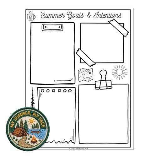 A colorful summer goals and intentions planner page with sections for setting summer goals, a space for notes, a sun illustration, a map, and a camping scene patch featuring trees, a tent, and a camp.