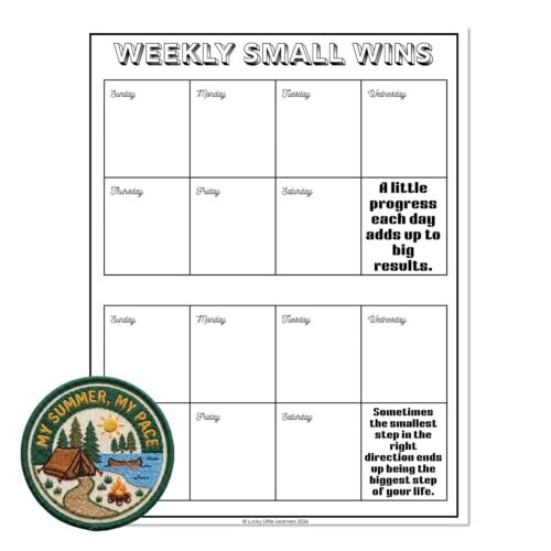 A weekly small wins chart for classroom motivation, featuring motivational quotes about progress and small steps, with an embroidered patch of a summer camping scene including a tent, trees, and a ca.