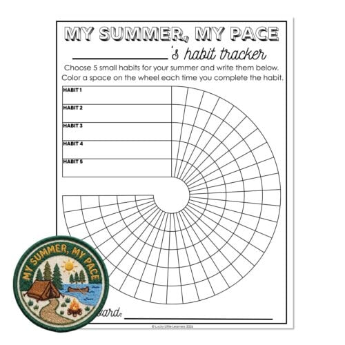 Summer habit tracker worksheet for kids with a circular chart to track five habits, featuring a colorful "My Summer, My Pace" design and an embroidered patch with a summer scene.