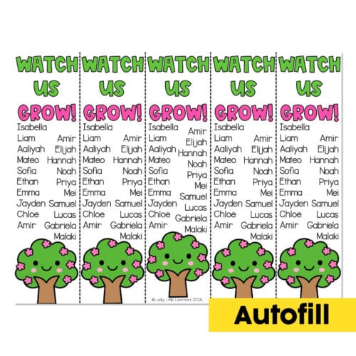 WATCH US GROW! Personalized name tags for children featuring a cute tree illustration, perfect for classroom or daycare decor, with space for each child's name and a fun, colorful design.