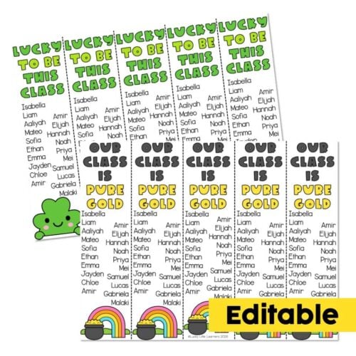 A colorful classroom poster featuring the phrase "This class is pure gold" with student names, a rainbow, and a cute green clover illustration, perfect for early childhood education settings.
