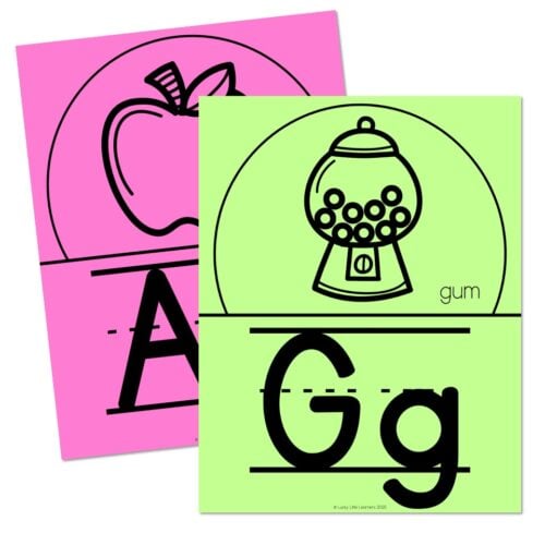 Apple and gumball machine alphabet posters for classroom setup, featuring handwriting and letter formation activities, designed by Lucky Little Learners for early literacy development.