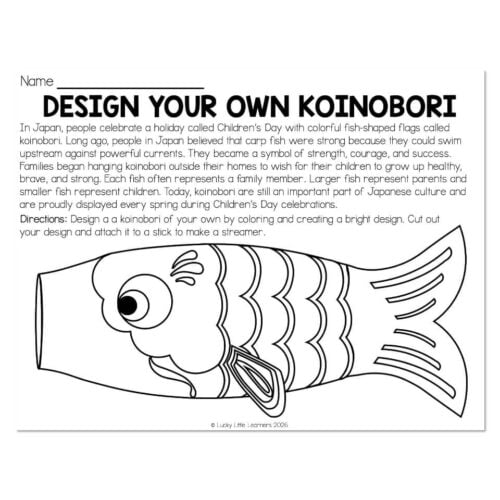 Create a fun and educational activity with this "Design Your Own Koinobori" craft for Children's Day. Perfect for kids to learn about Japanese culture, fish symbolism, and creativity.