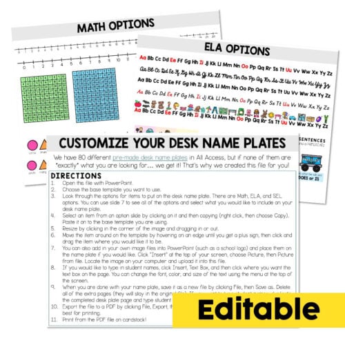 Colorful educational printables for math and ELA options, including customizable desk name plates, with clear instructions and editable features for classroom organization and learning activities.