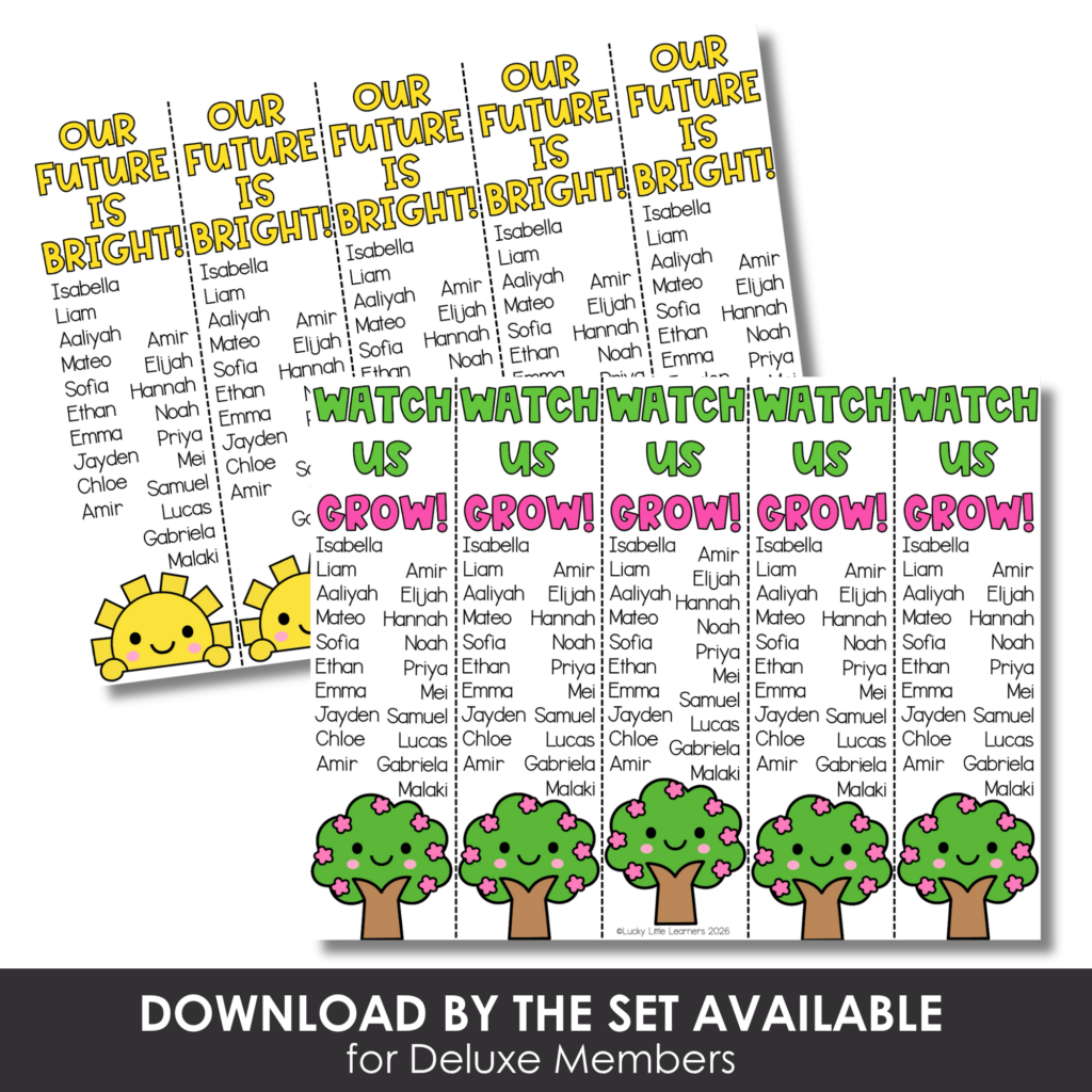 Isabella, Liam, Aaliyah, Elijah, Mateo, Ethan, Sofia, Hannah, Ethan, Noah, Jayden, Samuel, Chloe, Lucas, Amir, Gabriela, Malaki - colorful classroom poster with "Our Future is Bright! Watch, Grow! vs.