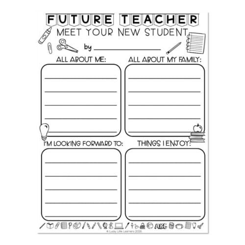 A detailed black-and-white classroom-themed worksheet titled "Future Teacher" with sections for students to introduce themselves, share family details, goals, and hobbies, surrounded by school suppli.