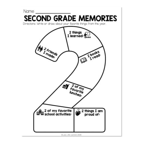 A detailed second grade memories worksheet for students to write or draw about favorite experiences, including sections for books read, favorite lunches, school activities, and proud moments.