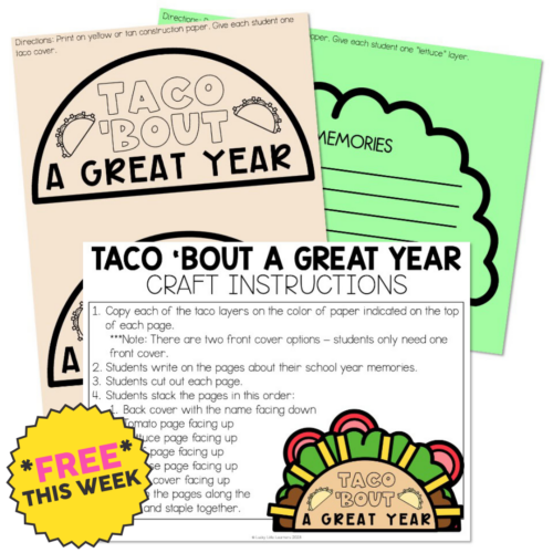 A colorful educational craft activity sheet titled "Taco 'Bout a Great Year" with instructions for students to create a taco-themed memory book, featuring bright colors and fun graphics.