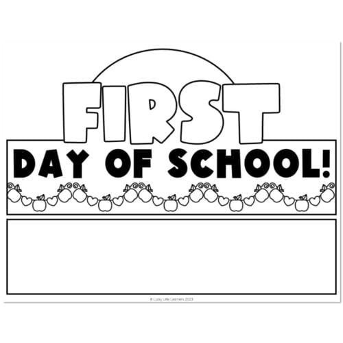 First day of school sign with "First Day of School" text, decorative apple border, and space for personalization, perfect for celebrating the start of the school year.