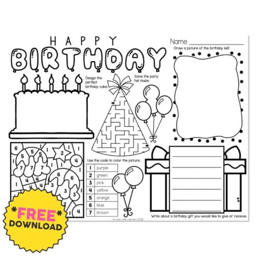 A colorful birthday-themed activity sheet featuring a birthday cake, party hats, balloons, and a frame for drawing, designed for children to celebrate birthdays and practice coloring and writing skil.